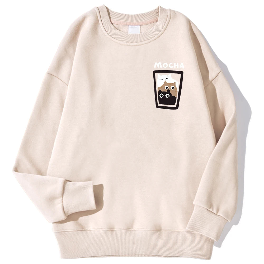 Mocha Cat Cup Printed Crew Neck Sweatshirts