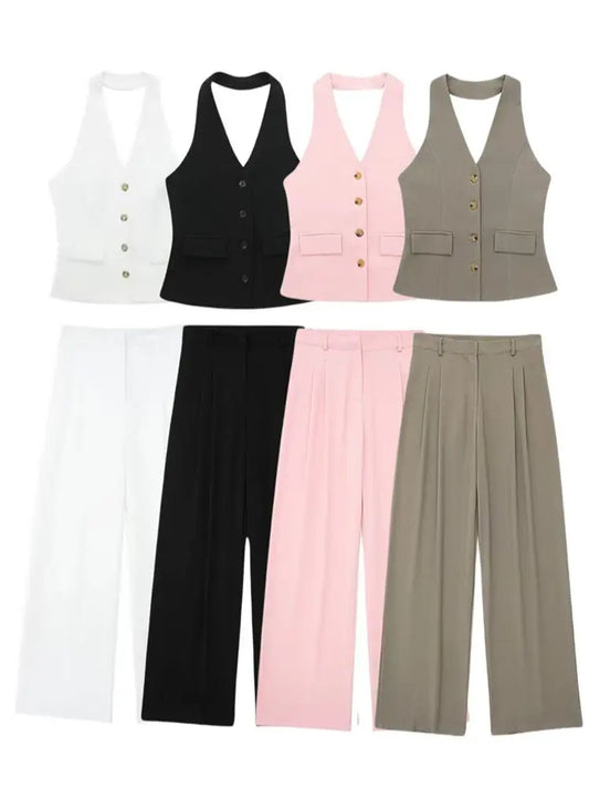 Women S Two Piece Colorblock Suit Halter Plunge Sleeveless Blazer Crop Top High Waist Wide Leg Pants Set