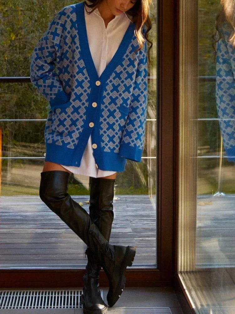Geometric Jacquard V-Neck Knit Cardigan – Oversized 2025 Autumn/Winter