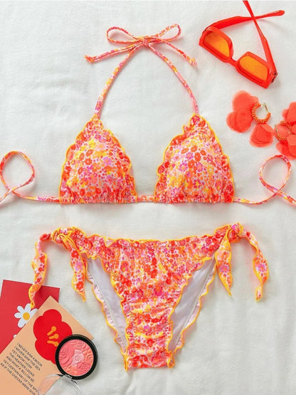 2025 Summer Pleated Bikini Set For Women Two Piece Triangle Swimsuit Halter Bathing Suit