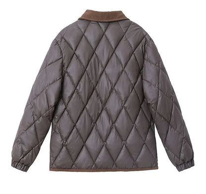 Quilted PU Leather Short Coat – Warm Rhombic Lattice Winter Jacket for Women
