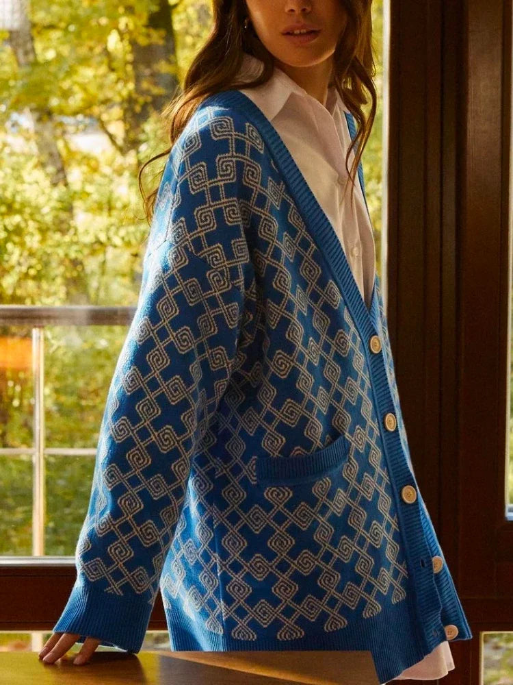 Geometric Jacquard V-Neck Knit Cardigan – Oversized 2025 Autumn/Winter