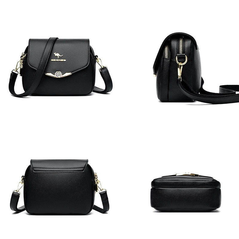 Womens Soft Leather Messenger Bag Casual Crossbody Shoulder Handbag Black Fashion Purse