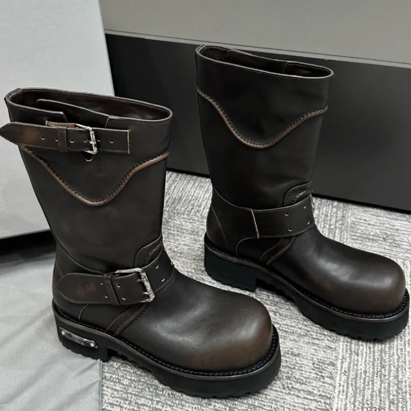 Womens Knee High Buckle Strap Boots Retro Pu Leather Rivet Thick Heel Motorcycle Boots