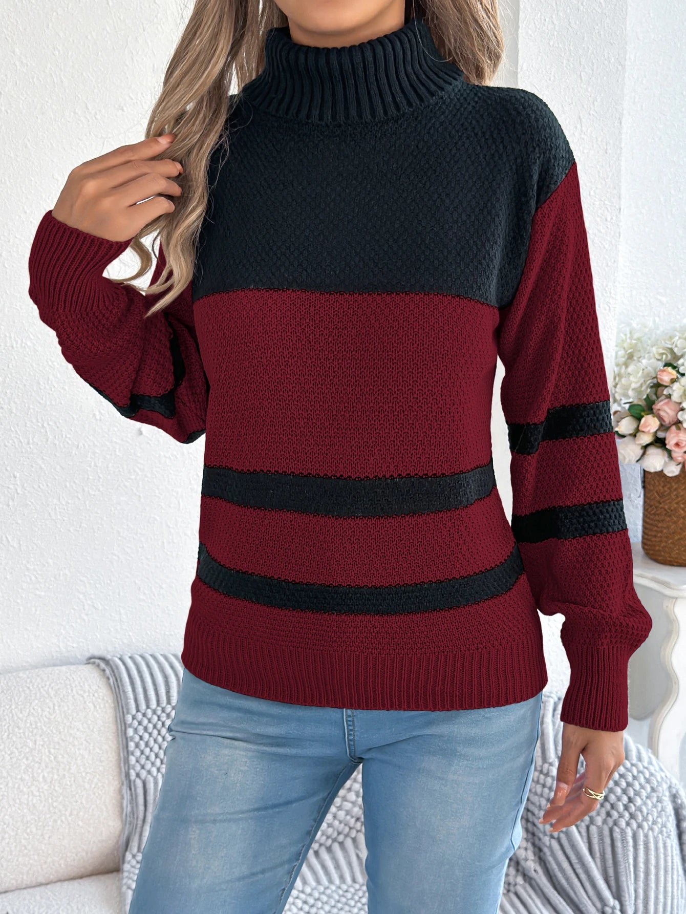 Women Contrast Stripes Turtleneck Sweater