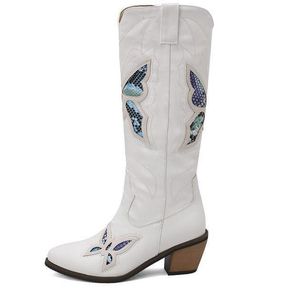 Womens Butterfly Embroidered Pointed Toe Stacked Heel Mid Calf Boots