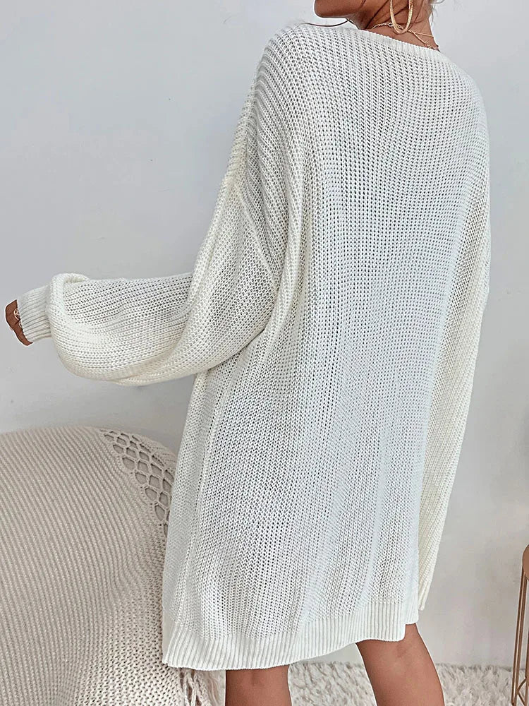 Elegant Open-Front Knit Cardigan – Solid Color Autumn Sweater for Women