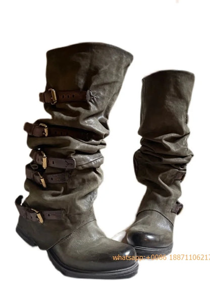 Womens Large Mid Length Retro Boots Buckle Casual Knight Boots For Autumn Winter 2025