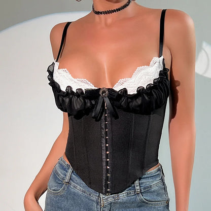Coquette Aesthetic - Elegant Lace Trim Bustier Corset Top