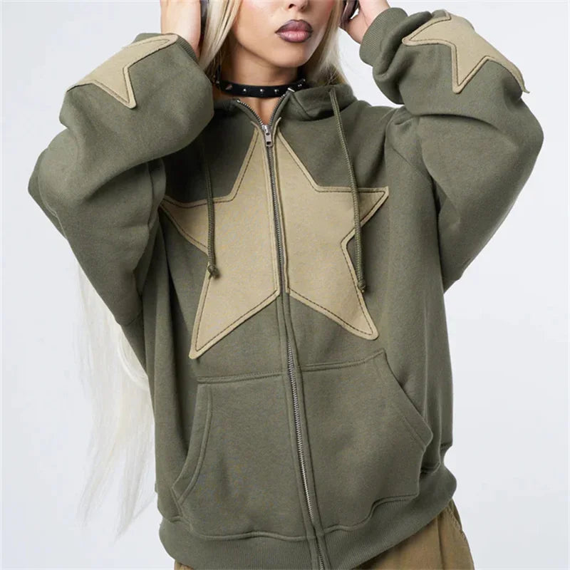 Y2k Star Patch Zip Up Hoodie Oversized Gothic Streetwear Sweatshirt For Women