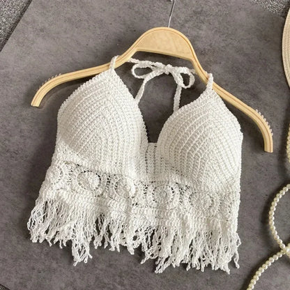 2025 Handmade Knit Crochet Crop Top Sexy Halter Camisole Push Up Beach Tank For Women Yoga Wear