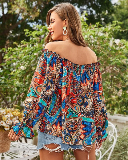 Off Shoulders Sleeveless Abstract Printed Women Blouse