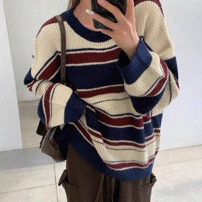 Womens Color Block Striped Loose Fit Winter Sweater