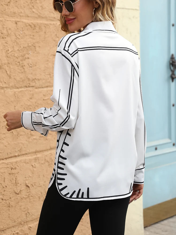 Summer Casual Off Shoulder Sleeveless Abstract Printed Womens Blouse Slim Fit Turn Down Collar Single Breasted Femme Top