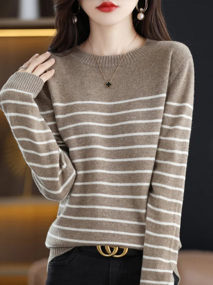 Loose Style Bold Striped O Neck Women Sweaters