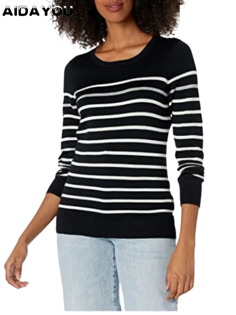 Winter Black And White Stripe Women Loose Sweater