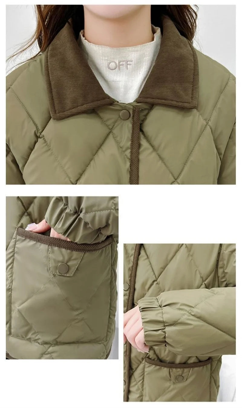 Quilted PU Leather Short Coat – Warm Rhombic Lattice Winter Jacket for Women