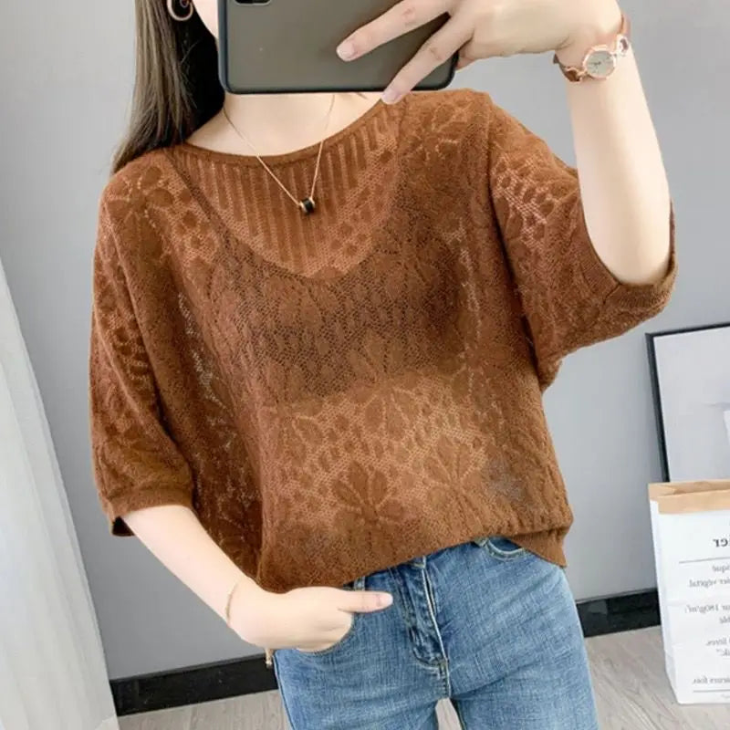 Elegant Knitted Hollow Out O Neck Sweater