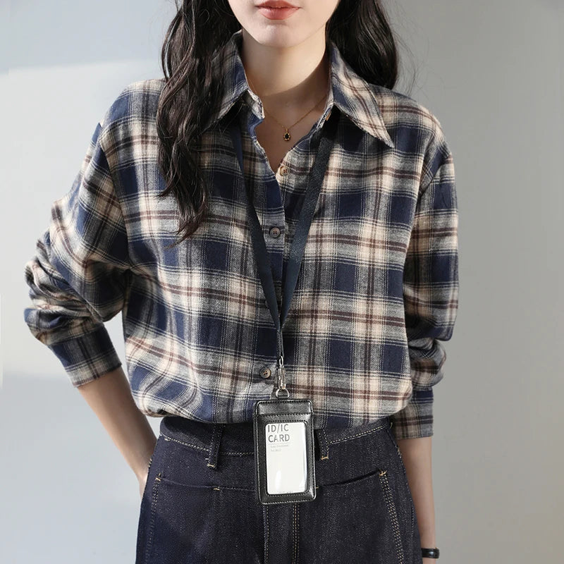Chic Korean Plaid Blouse Sweet Autumn Casual Style
