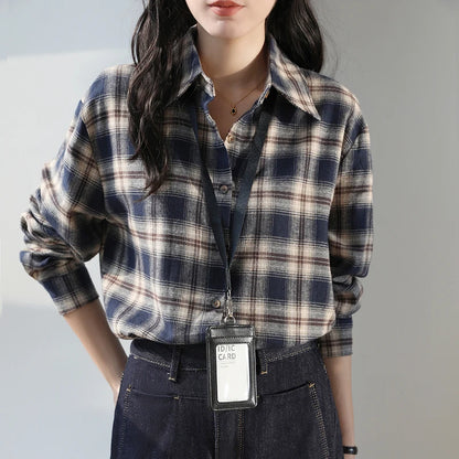 Chic Korean Plaid Blouse Sweet Autumn Casual Style