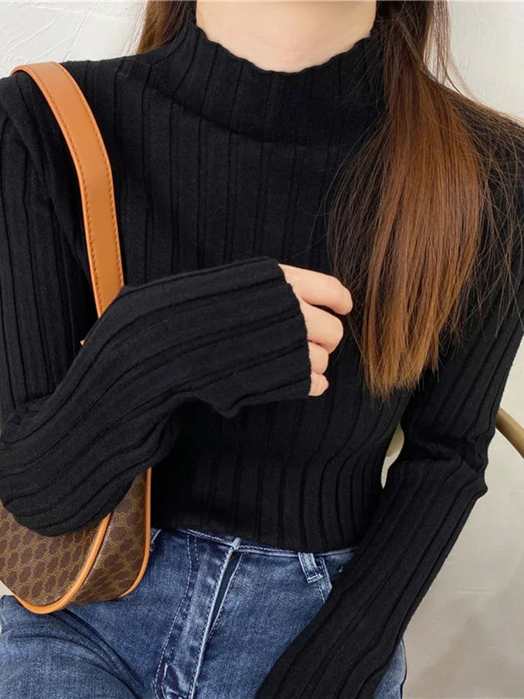 2025 High Neck Ribbed Knitted Sweater Women S Autumn Winter Slim Fit Long Sleeve Pullover Basic Casual Tops
