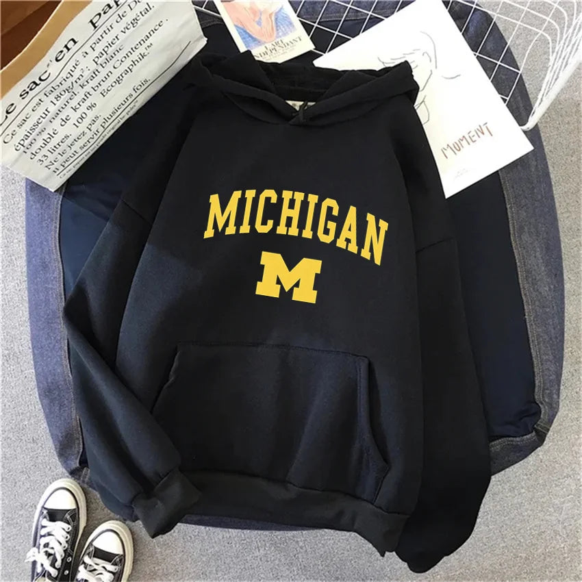 Michigan University Hoodie Hip Hop Fleece Streetwear Unisex Pullover
