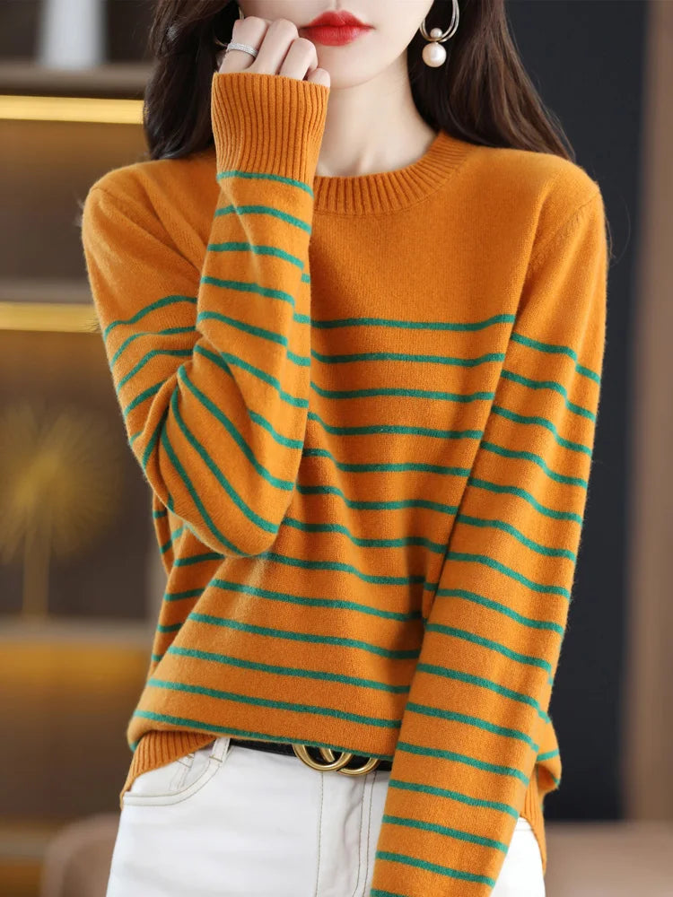 Loose Style Bold Striped O Neck Women Sweaters