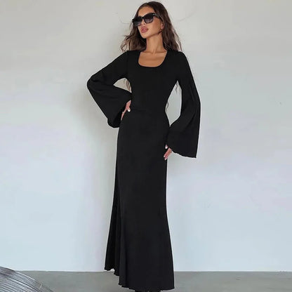 Quiet Luxury Aesthetic - Elegant Ribbed Bell Sleeve Maxi Dress