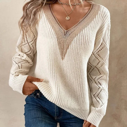 Women's V-Neck Knitted Sweater – Hollow Out Long Sleeve Casual Pullover, Fall Winter Fashion