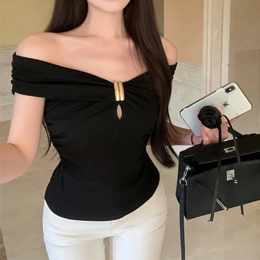 Off Shoulder Bow T Shirt For Women Sexy Exposed Clavicle Crop Top Elegant Korean Long Sleeve Spring Autumn Shirt