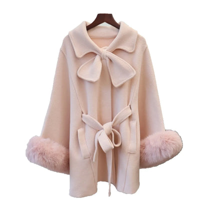 Lace-Up Wool-Blend Cape Coat – Elegant Autumn Winter Overcoat for Women