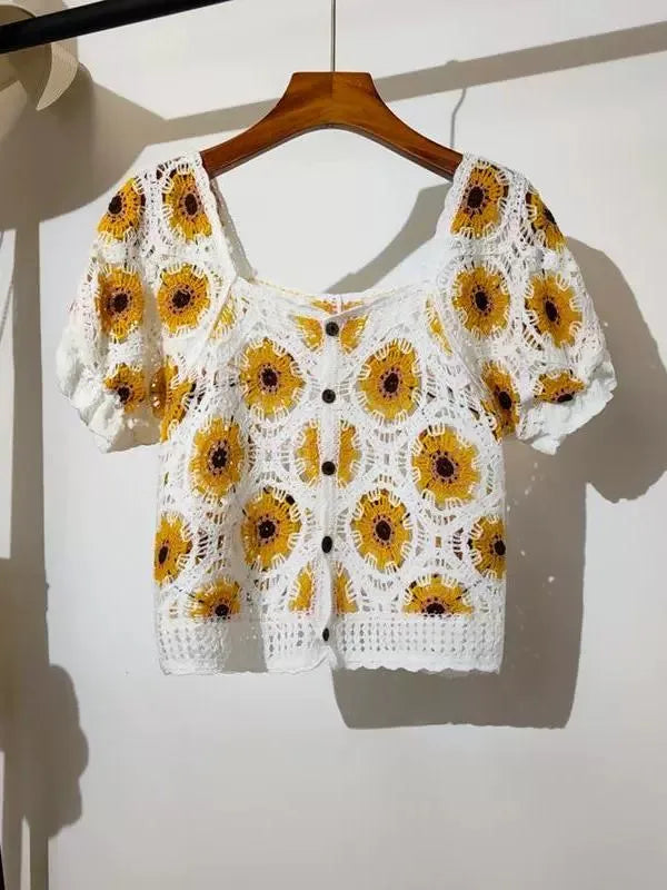 Embroidered Crop Blouse With Hollow Out Daisy Floral Design Women S Summer Vacation Top