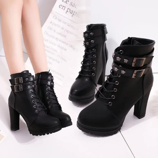 Womens Platform Rivet Ankle Boots 16cm Stiletto High Heel Lace Up Spike Booties Bold Stylish Shoes