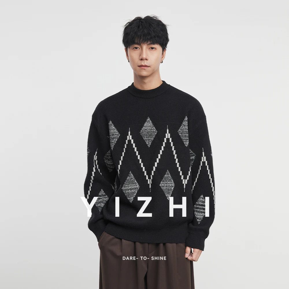 Minimalist Streetwear: Men's Oversized Argyle Geometric Knit Sweater