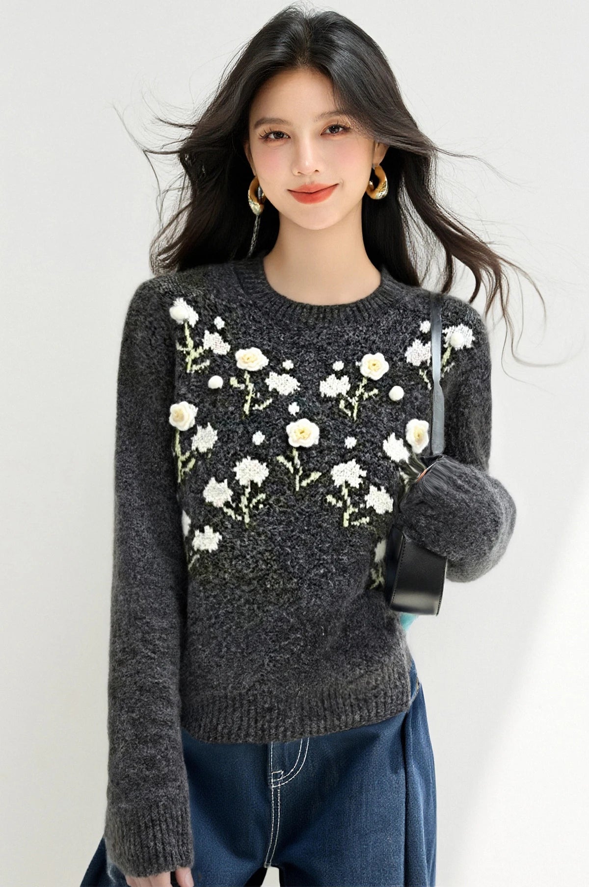 Womens Korean Style Daisy Flower Printed Knitted Winter Sweater