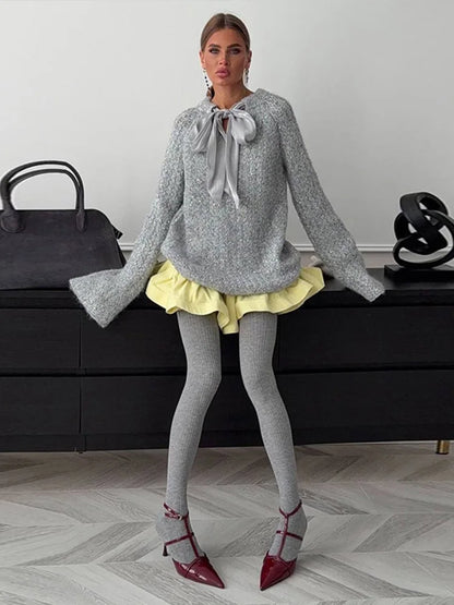 Chic Oversized Bow Knit Sweater For Women Loose V Neck Pullover With Flare Sleeves Autumn Winter Casual Lady Sweater