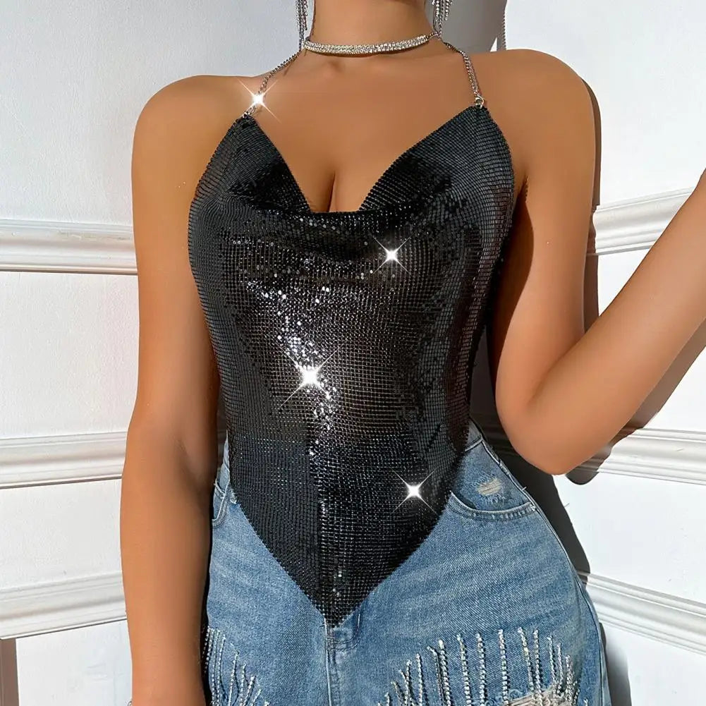 Chic Backless Metal Chain Halter Neck Crop Top