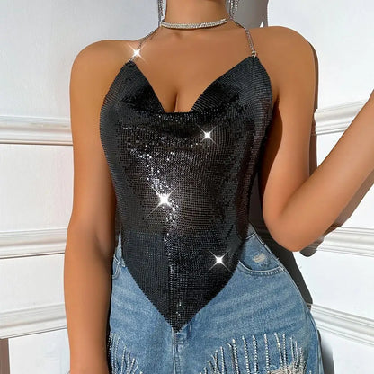 Chic Backless Metal Chain Halter Neck Crop Top