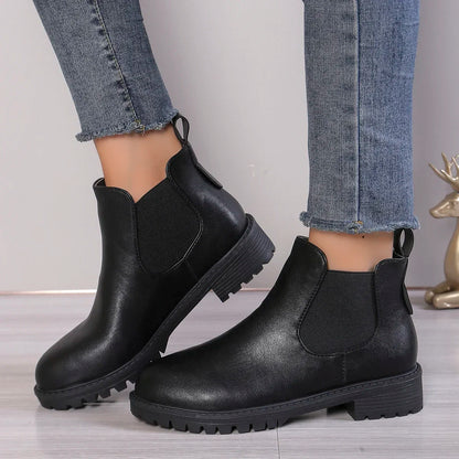 Women Cow Leather Round Toe Thick Sole Ankle Chelsea Boots