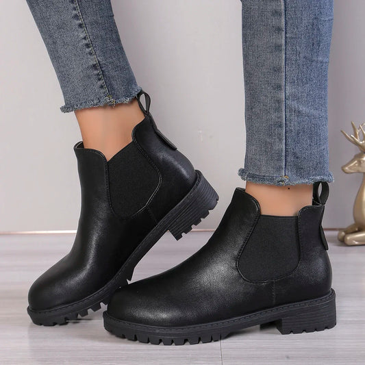 Women Cow Leather Round Toe Thick Sole Ankle Chelsea Boots