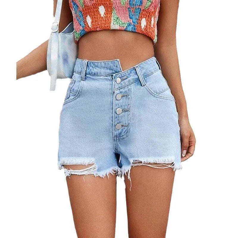 Effortless Summer Styling: Distressed High-Waist Button-Fly Denim Shorts