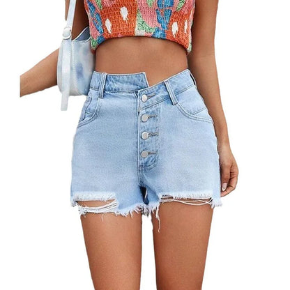 Effortless Summer Styling: Distressed High-Waist Button-Fly Denim Shorts
