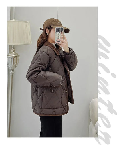 Quilted PU Leather Short Coat – Warm Rhombic Lattice Winter Jacket for Women