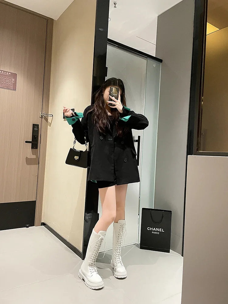 Women’s Knee-High Platform Boots 2025 – Korean Style PU Leather Fleeced Chunky Heel Winter Boots