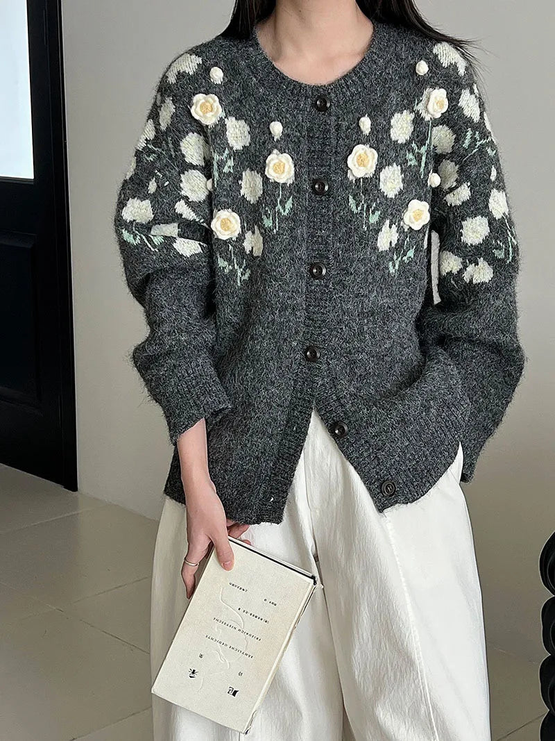 Floral Embroidered Knit Cardigan – Autumn Casual Sweater for Women