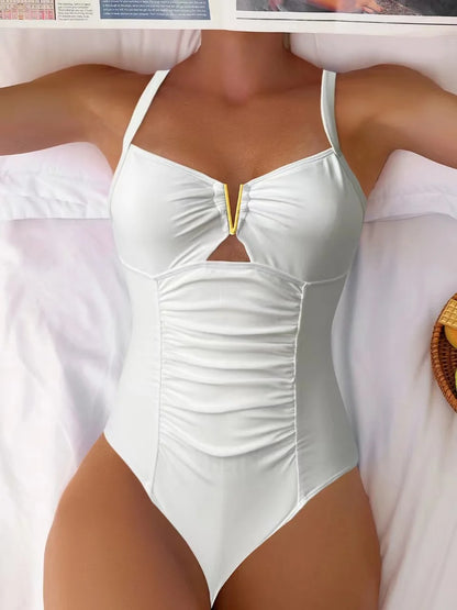 2025 Sexy One Piece Swimsuit Womens Blue Pleated V Neck Bathing Suit With Decorative Waistband Beachwear Swimwear