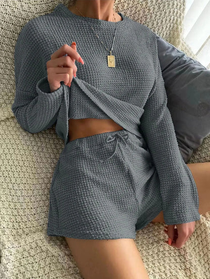 Fall & Winter Pajama Set – Casual Long-Sleeved Top & Wide-Legged Shorts, Waffle Sleepwear Two-Piece Loungewear