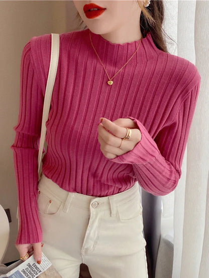 2025 High Neck Ribbed Knitted Sweater Women S Autumn Winter Slim Fit Long Sleeve Pullover Basic Casual Tops