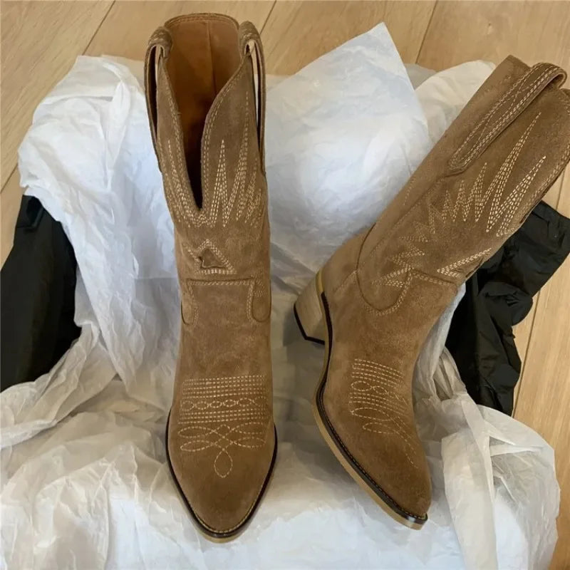 Handmade Leather Womens Boots With Natural Embroidery Pointed Toe Spike Heel Western Retro Style For Autumn Winter 2025