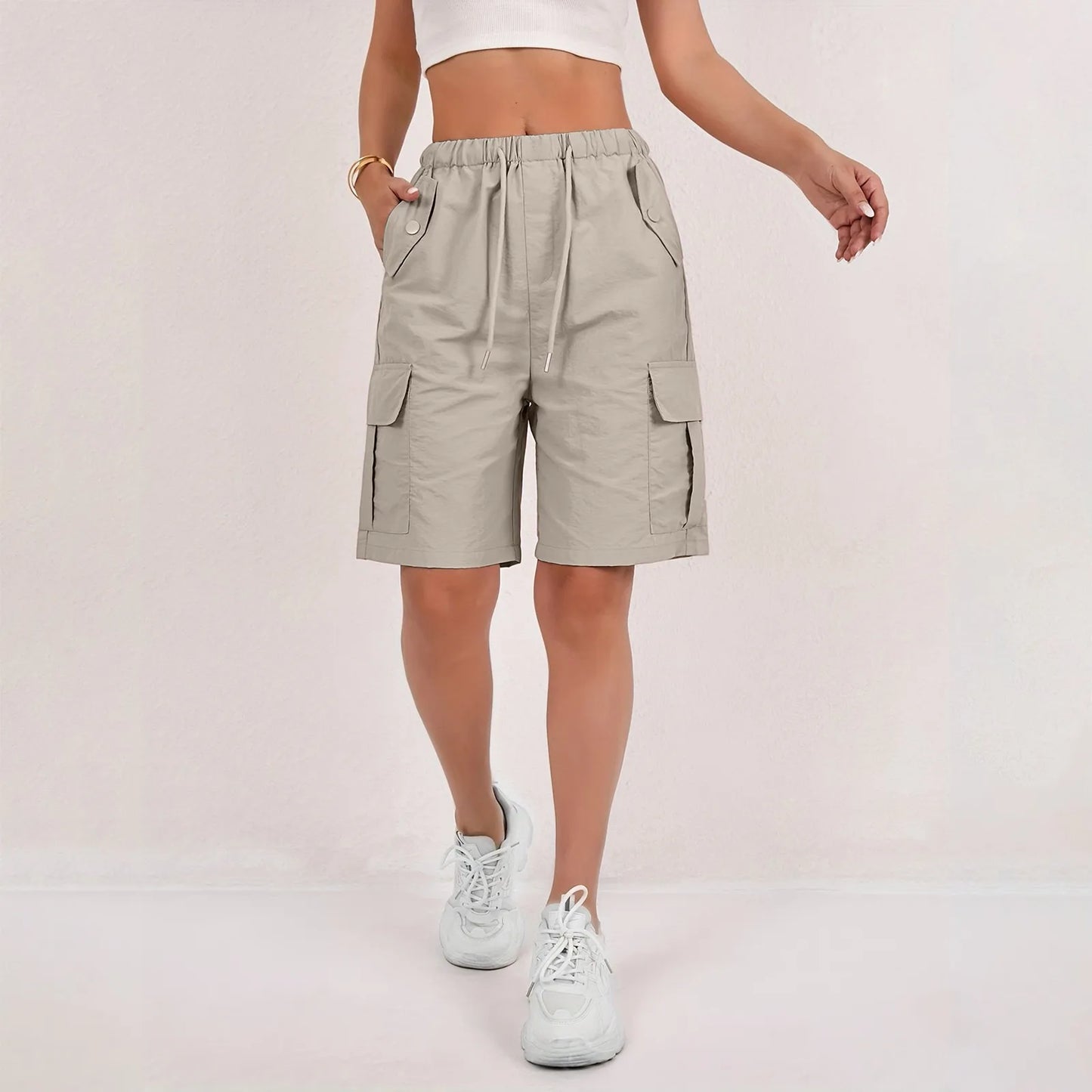 Elastic Waist Flap Pocket Cargo Shorts For Women